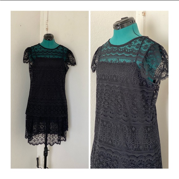 BLACK LACE GOTHIC VINTAGE CHANTILLY TWO PIECE DRESS AND BLOUSE PUNK ROCK N ROLL - Picture 1 of 7
